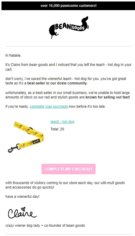 Screenshot of Bean Goods’ initial abandoned cart email