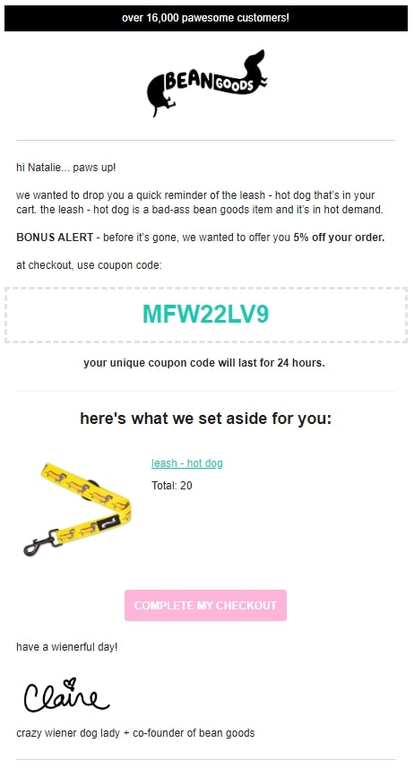 Screenshot of Bean Goods’ second abandoned cart email