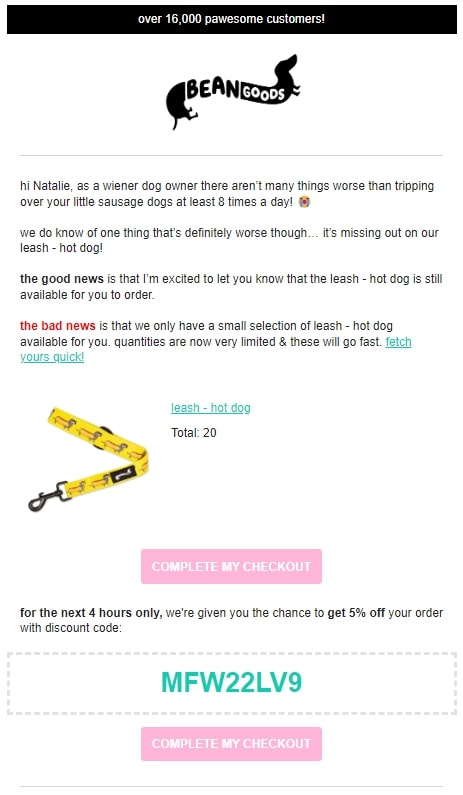 Screenshot of Bean Goods’ final abandoned cart email