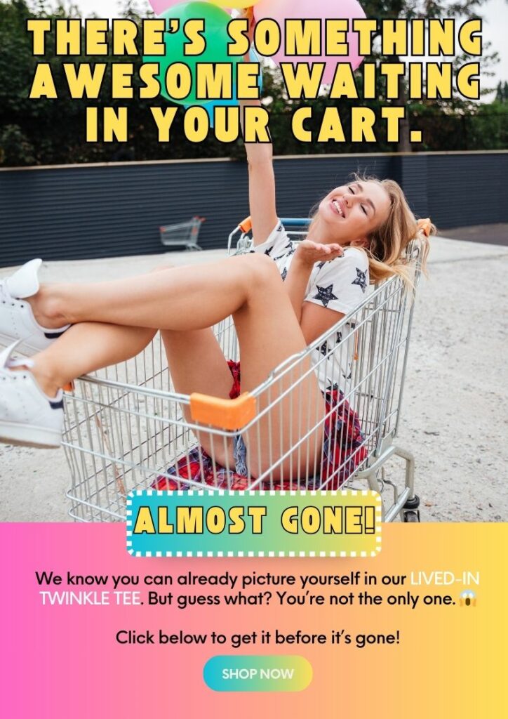 Young woman blissfully sitting in a shopping cart with text saying "There's something awesome waiting in your cart. Almost gone! We know you can already picture yourself in our LIVED IN TWINKLE TEE. But guess what? You're not the only one. Click below to get it before it's gone!"