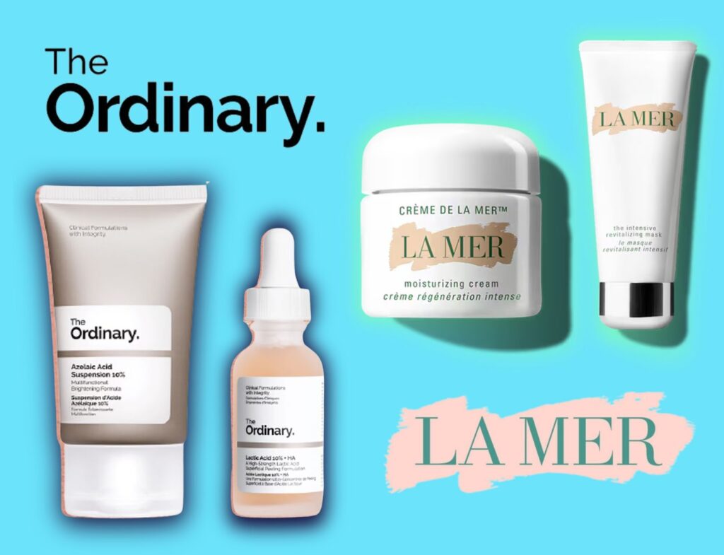 The Ordinary skincare brand logo above two of their products on the left and La Mer logo below two of their products on the right