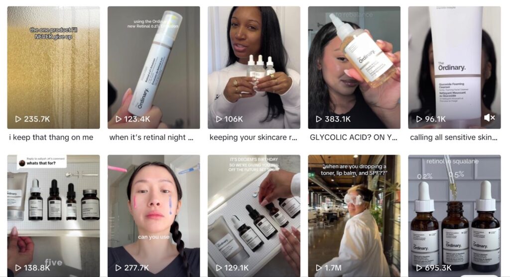 Screenshot of TikTok videos from The Ordinary skincare brand