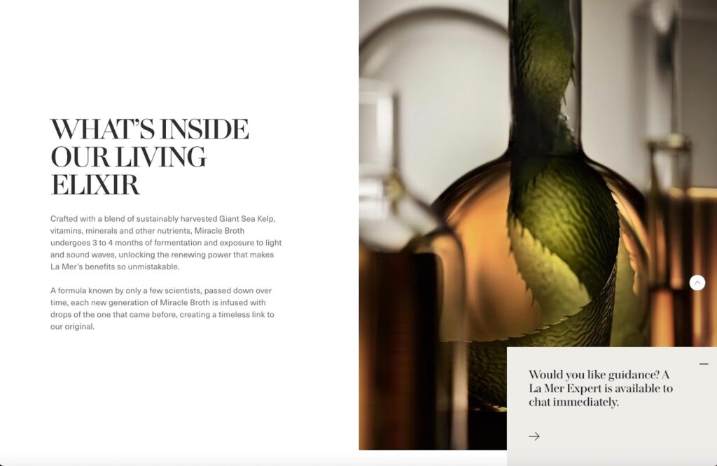 Example of luxury copywriting on La Mer product page for Creme de la Mer Living Elixir