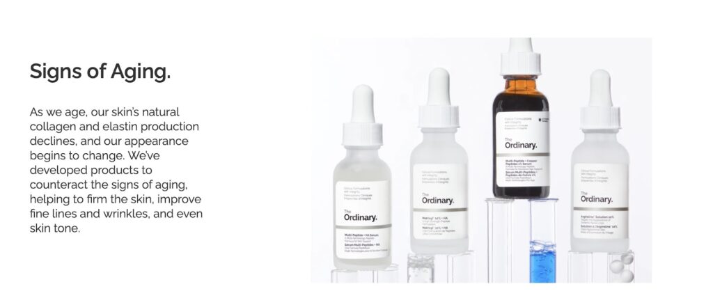 Example of web copy on Signs of Aging from The Ordinary skincare website