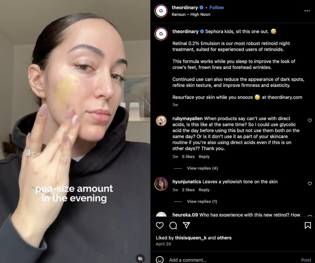 Instagram Reel from The Ordinary skincare brand discussing benefits of Retinal 0.2% Emulsion product