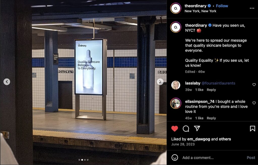 The Ordinary Instagram post about their ads in New York subways of their product behind "Quality skincare belongs to everybody"