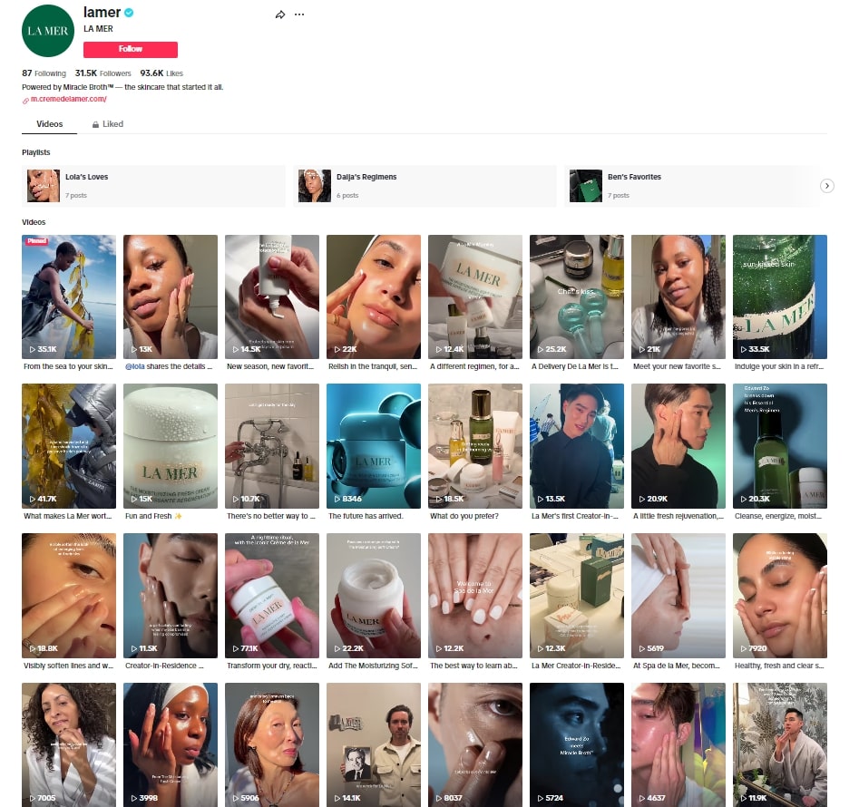 Screenshot of La Mer skincare brand Tik Tok page