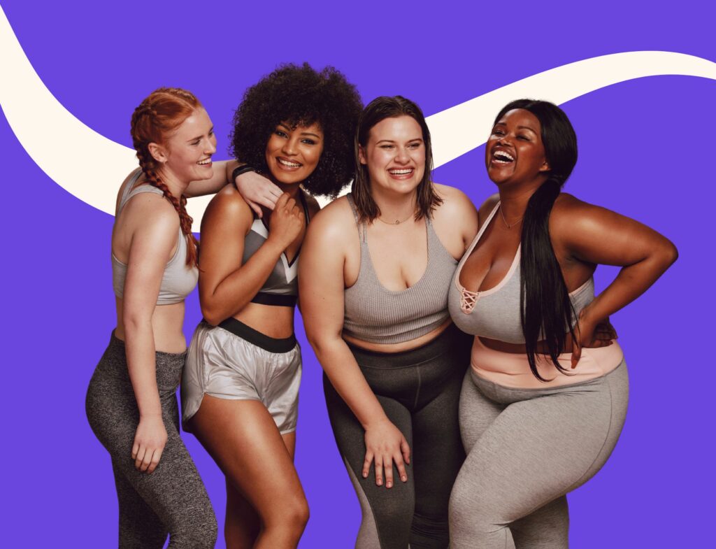 Laughing models of different body types and skin colors for post about diversity in beauty market