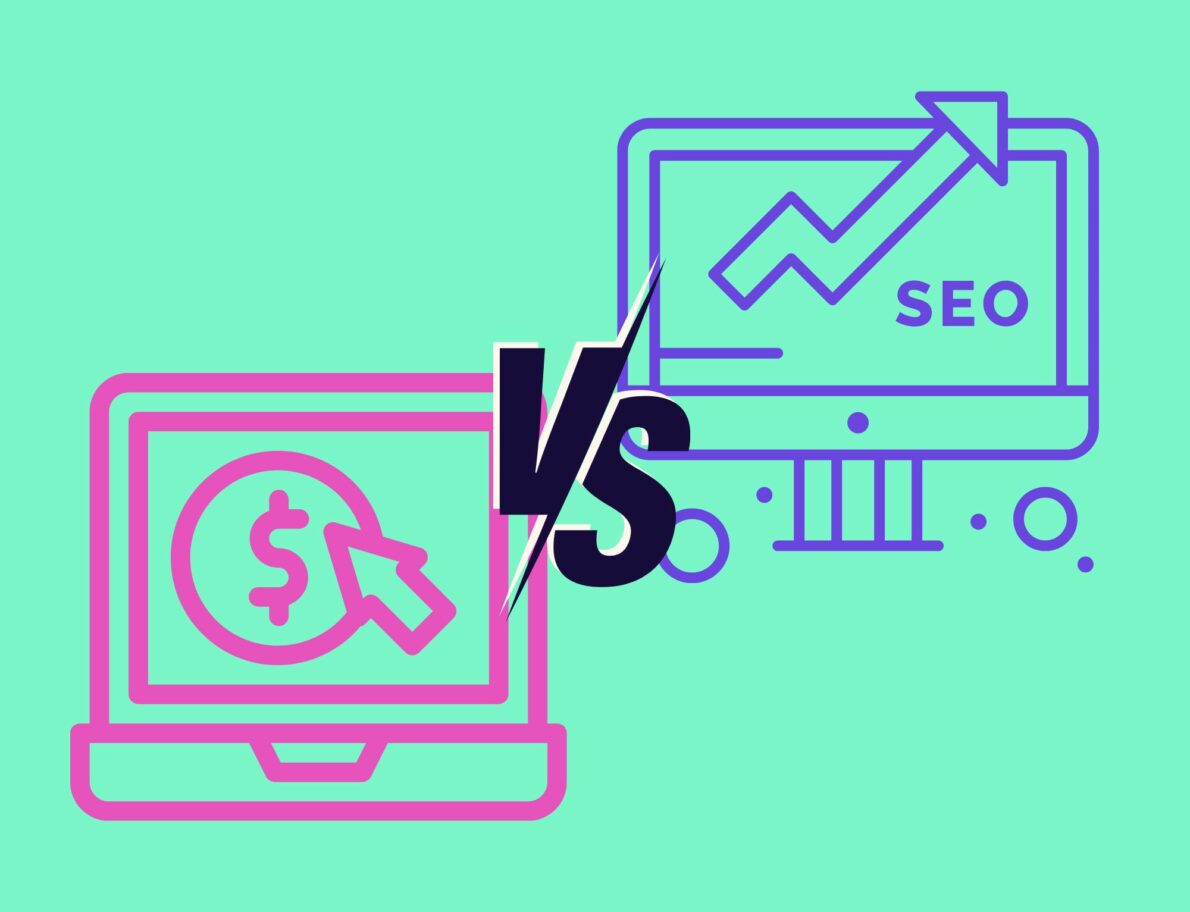 Computer with cursor on dollar sign icon versus computer with upward arrow with "SEO" for Lyon Content post about SEO vs PPC