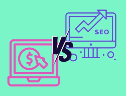 Computer with cursor on dollar sign icon versus computer with upward arrow with "SEO" for Lyon Content post about SEO vs PPC