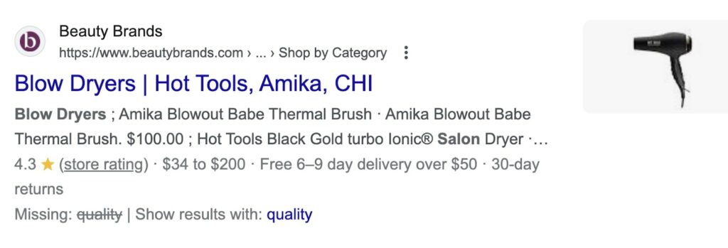 Beauty Brands blow dryers meta description that reads "Blow Dryers ; Amika Blowout Babe Thermal Brush - Amika Blowout Babe Thermal Brush, $100.00 ; Hot Tools Black Gold turbo Ionic Salon Dryer - ..."