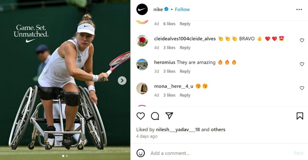 Nike Instagram post showcasing Diede de Groot, a female wheelchair tennis champion, and audience praise in the comments