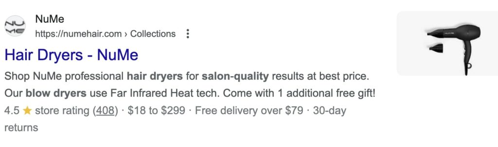 NuMe Hair Dryers meta description that reads "Shop NuMe professional hair dryers for salon-quality results at best price. Our blow dryers use Far Infrared Heat tech. Come with 1 additional free gift!"