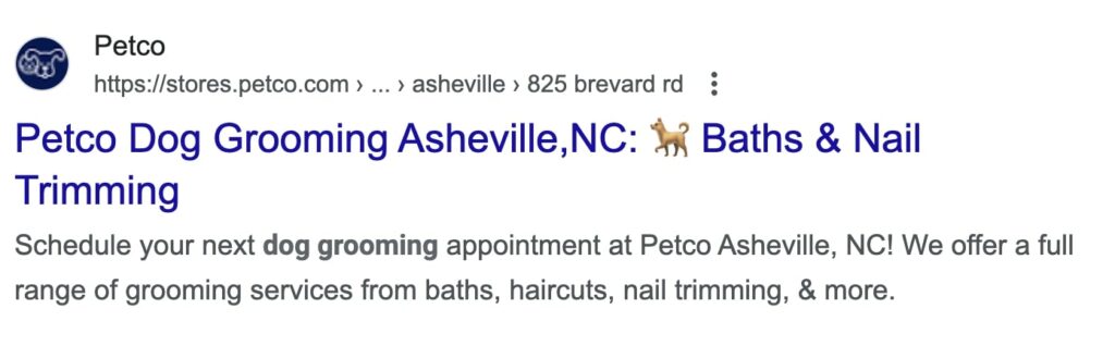 Petco search result for local dog grooming with meta description 'Schedule your next dog grooming appointment at Petco Asheville, NC! We offer a full range of grooming services from baths, haircuts, nail trimming, and more."