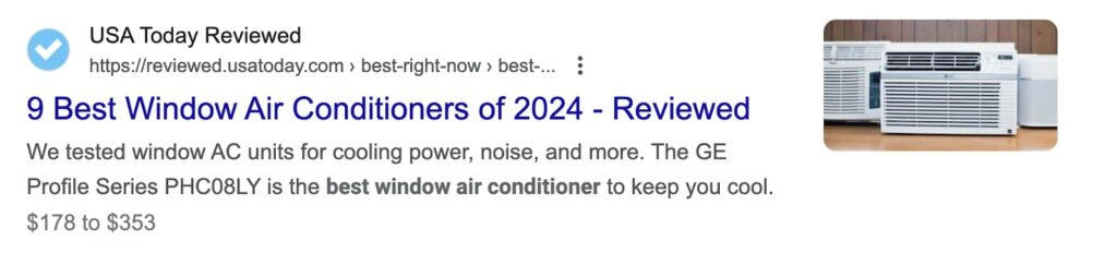 USA Today Reviewed meta description for best air conditioners of 2024 that reads "We tested window AC units for cooling power, noise, and more. The GE Profile Series PHC08LY is the best window air conditioner to keep you cool." 