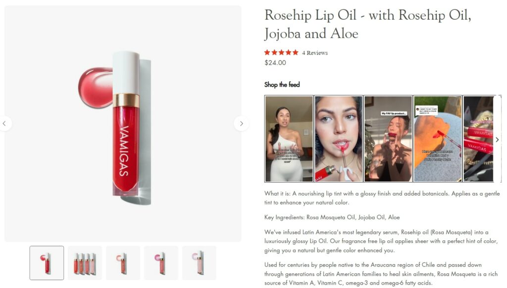 Screenshot of Vamigas Rosehip Lip Oil product page