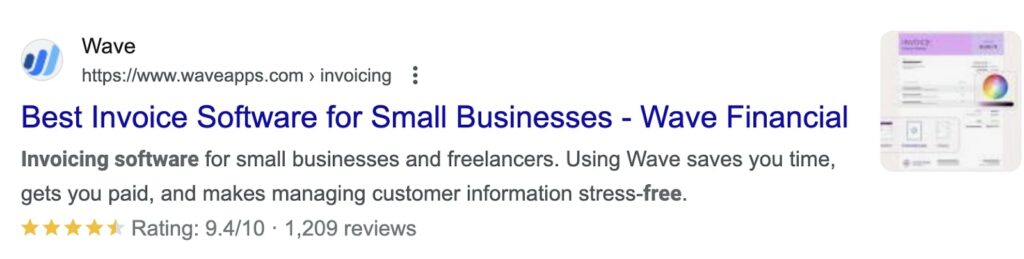 Wave Best Invoice Software for Small Business with meta description "Invoicing software for small businesses and freelancers. Using Wave saves you time, gets you paid, and makes managing customer information stress-free."