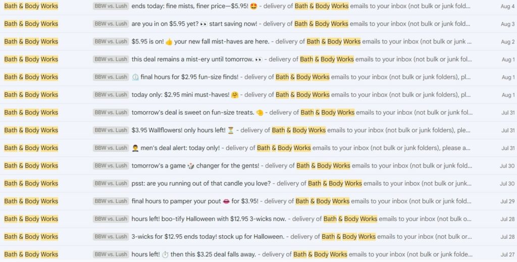 Screenshot of Bath and Body Works emails from my personal Gmail inbox