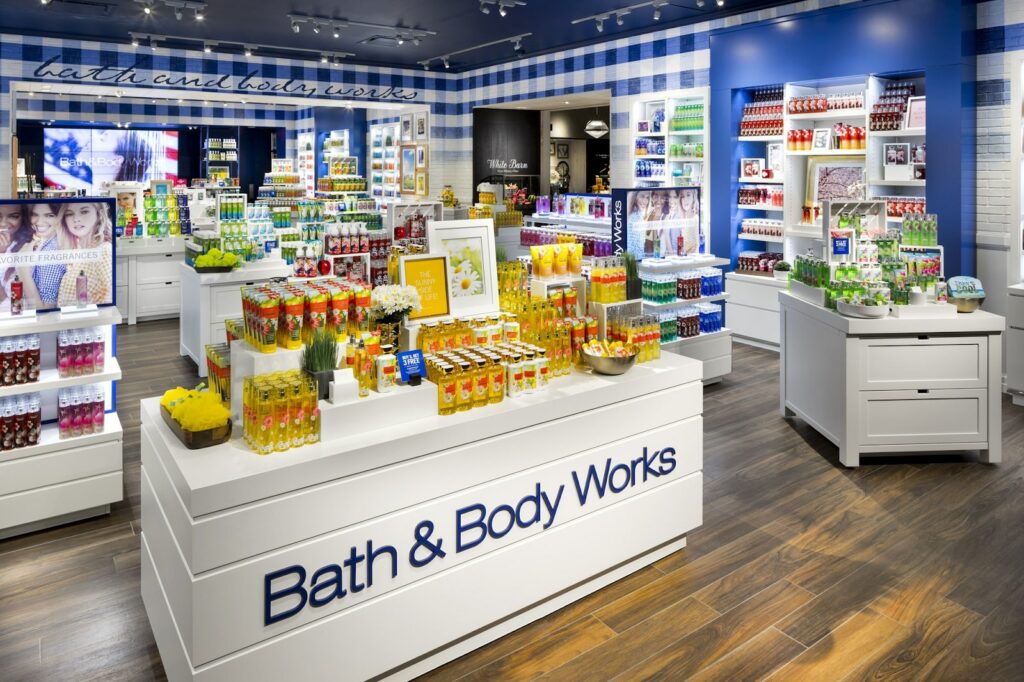 Photo of the inside of a Bath and Body Works retail store