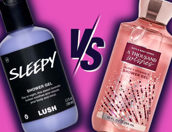 Branded graphic on Bath and Body Works vs Lush Cosmetics marketing strategy with Sleepy shower gel from Lush and A Thousand Wishes shower gel from Bath and Body Works