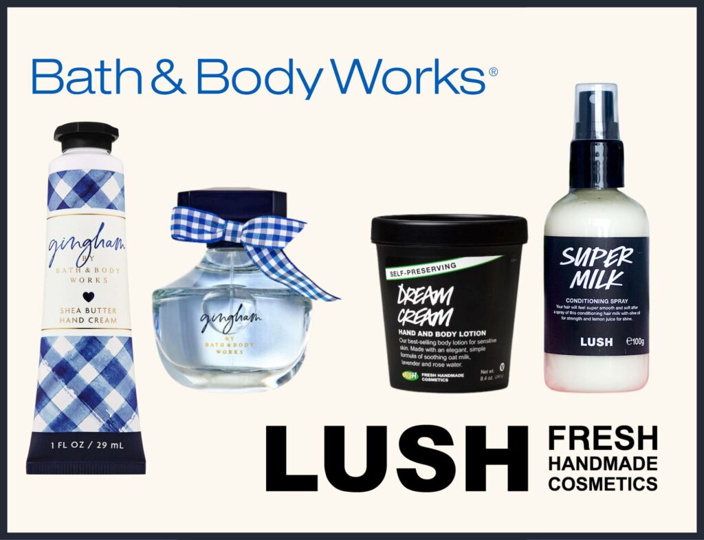 Bath and Body Works logo above two Gingham scented products on left and Lush Cosmetics logo below two of their products on the right