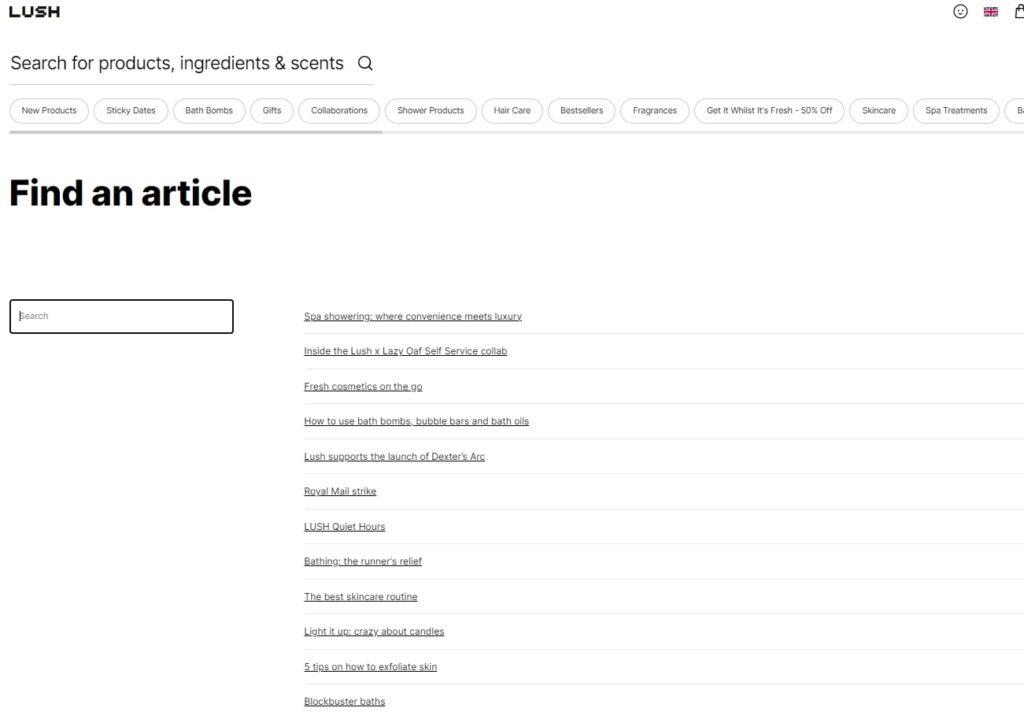 Screenshot of Lush’s blog article list