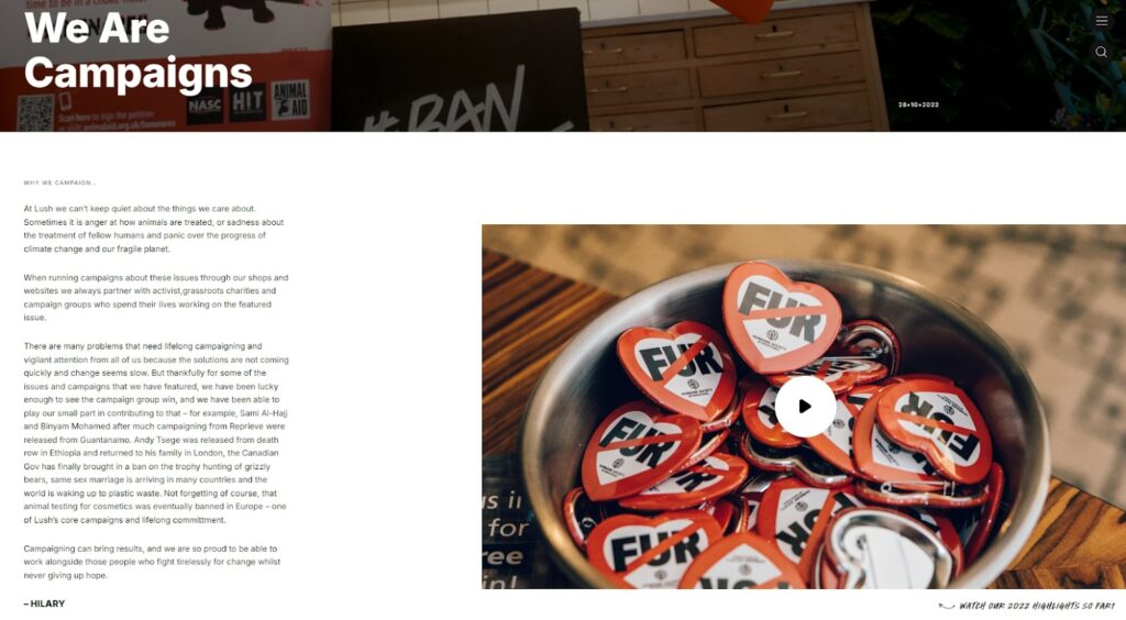 Screenshot of Lush’s “We Are Campaigns” page