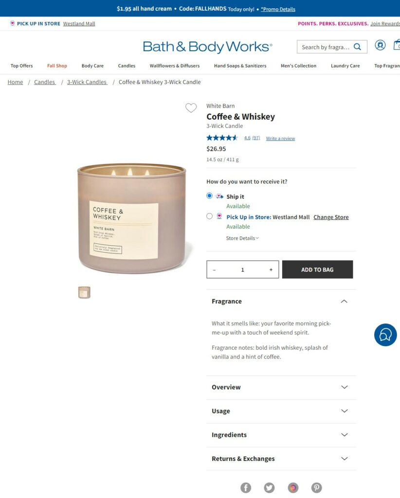 Screenshot of BBW Coffee & Whiskey 3-Wick Candle product page