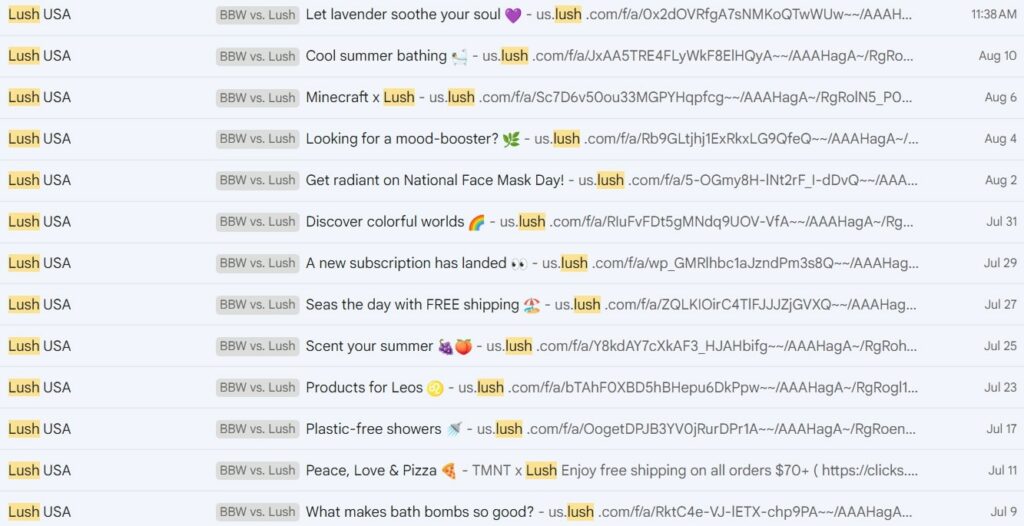 Screenshot of Lush emails from my personal Gmail inbox